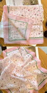 Lightweight pink floral square scarf elegant vintage neckerchief for women daily wear