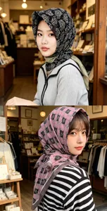 Detailed view of fashionable paisley and patterned silk headscarves, perfect for stylish summer wear.