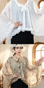 Summer lightweight chiffon sun protection shawl cape with delicate ruffles and cute bow tie.