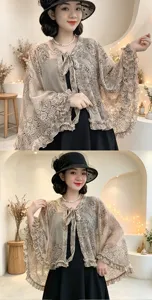 Elegant sheer sun-protection shawl cape detail, lightweight ruffle design for summer outdoor wear.
