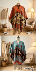 Winter Strick Fransen Cape, bunte Rentier Muster gemütlicher Poncho, stilvolle Herbstkleidung.