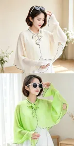 Summer sun protection cape, breathable chiffon shawl, lightweight long sleeve UV proof cloak.