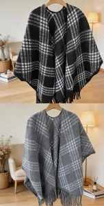Women autumn winter warm plaid cape shawl tassel fringe knit poncho elegant outerwear scarf