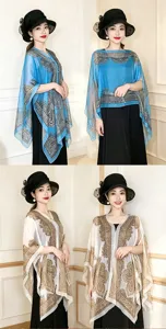 Detail view of women summer printed chiffon shawl cape elegant beach sun protection outerwear.