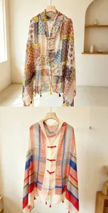 Summer retro ethnic patchwork frog button sun protection cloak thin beach shawl cape for women