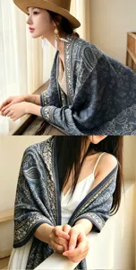 Detailed close-up view of women's ethnic paisley shawl, elegant blue cape for travel wear.