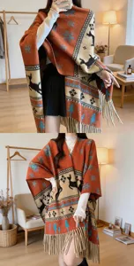Herbst Winter warmer Fransen Umhang, bunte Hirsch Muster Poncho Schal Damen Outfits.