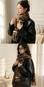 Winter retro leopard print tassel scarf, thick warm long shawl for women, stylish neck warmer.