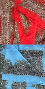 Chiffon paisley print shawl detail closeup, elegant summer sun protection scarf with pearls.