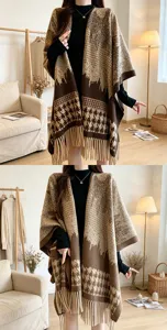 Cozy autumn winter plaid fringe cape shawl, elegant warm knitted outer wear for women daily.