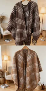 Women autumn winter warm plaid cape shawl with fringe, elegant vintage style outer wear scarf.