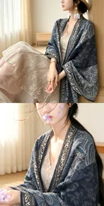 Ethnic paisley print shawl detail view, showing exquisite fabric texture and elegant drape style.