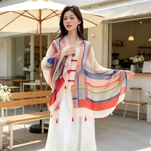 Women Ethnic Style Colorful Striped Shawl Polyester Sun Protection Scarf With Frog Buttons And Tassels For Summer