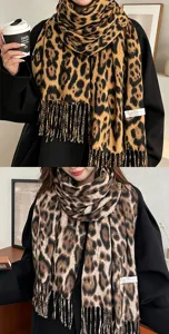 Autumn winter vintage leopard print fringe scarf warm long shawl thick stylish accessory