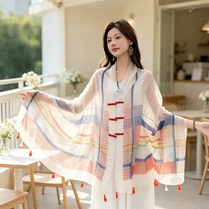 Summer sun-protective thin shawl colorful striped frog button ethnic style outer wear