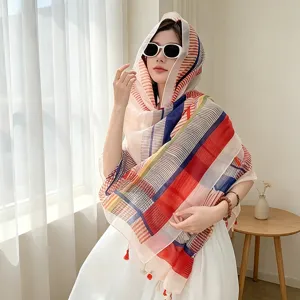 Colorful striped summer sun protection thin scarf lightweight ethnic style head wrap shawl
