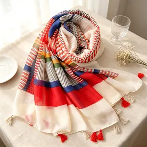 Summer colorful striped lightweight sun protection scarf shawl with delicate fringe tassels.