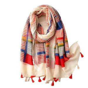 Summer sun protection thin colorful striped shawl, ethnic style fashion scarf for women outdoor.