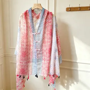 Women Ethnic Style Sun Protection Shawl Polyester Lightweight Tassel Cape With Chinese Knot Travel Beach Scarf