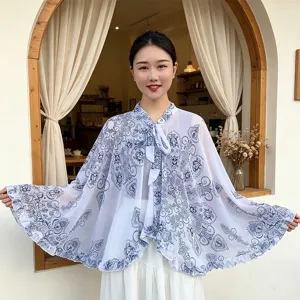 Summer thin sun protection chiffon shawl cape with floral print and cute ruffled hem design.