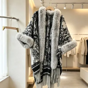 Women Winter Imitation Cashmere Shawl Cape Coat Knitted Wrap With Faux Fur Collar And Tassels Elegant Warm Outerwear