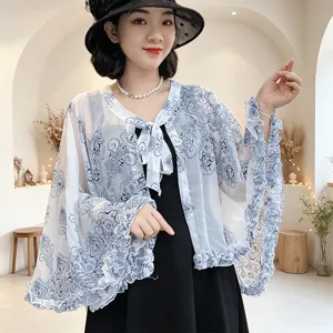 Women Fashion Printed Chiffon Shawl Ruffle Cape Sunscreen Lightweight Versatile Blue And White Porcelain Design