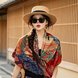 French Vintage Floral Print Large Square Scarf Women Elegant Lightweight Silk Feel Fashion Shawl Neck Scarf For Travel Daily