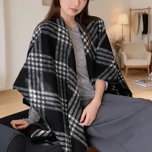 Women Winter Warm Plaid Shawl Elegant Tassel Cape Retro British Style Outerwear Polyester Soft Large Blanket Scarf