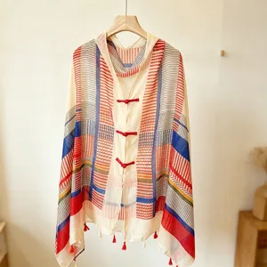 Summer sun protection Chinese knot shawl retro ethnic style plaid beach scarf cape 2026