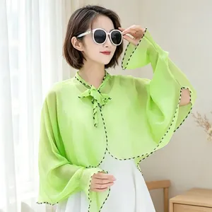Women summer lightweight sun protection shawl cape long sleeve breathable green outerwear.
