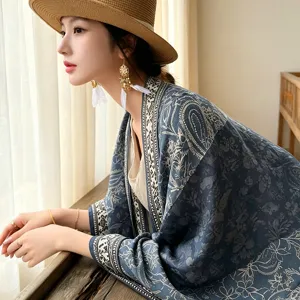 Ethnic paisley women shawl cardigan blue floral print outerwear for travel vacation