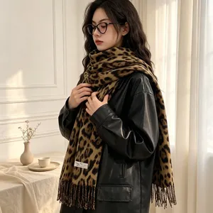 Cozy winter leopard print fringe scarf, stylish warm long shawl for women daily wear.