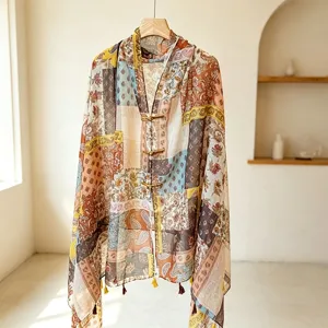 Summer sun protection vintage ethnic print patchwork cape shawl with Chinese knot buttons.