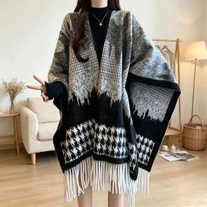 Korean style black and white plaid fringe poncho shawl, warm autumn winter outerwear scarf.