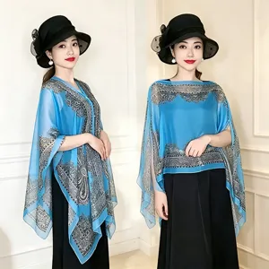 Summer floral print chiffon cape shawl for women, elegant sun protection beach wrap top.