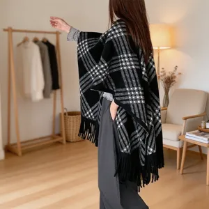 Women winter warm plaid fringe shawl cape, stylish oversized poncho outer wear clothing.