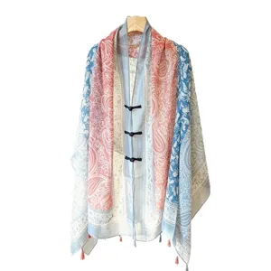 Summer sun protection paisley print shawl with Chinese frog buttons for women beach scarf