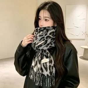 Winter gray leopard print tassel scarf, thick warm long Y2K shawl for women stylish winter wear.