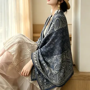 Ethnic Paisley Shawl Women Elegant Blue Scarf Fashion Travel Photo Outer Wear Silk Wrap