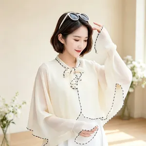 Lightweight chiffon sun protection shawl for women, elegant off-white cape with stylish black trim.