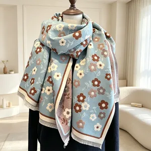 Chic floral print imitation cashmere scarf, warm double-sided winter shawl and wrap.