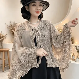 Sheer summer sun protection cape, vintage print ruffles driving shawl, elegant outdoor cloak.