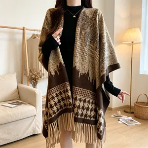 Fall winter brown plaid fringe shawl cape, stylish cozy Korean style outerwear scarf for women