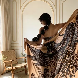 American retro gold leopard print silk scarf shawl, luxury old money style large wrap.