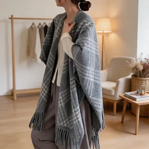 Women's Grey Plaid Tassel Shawl Autumn Winter Warm Cape Stylish Outerwear Fashion