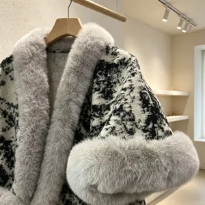 Autumn winter women fashion black white print cape warm faux fur collar knitted shawl coat