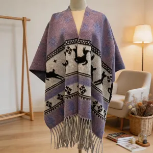 Herbst Winter warme Quasten Umhang Schal mit Hirschmuster, stilvoller Strick Poncho Damen Mantel.