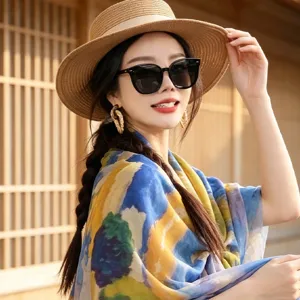 French retro abstract print silk square scarf large shawl fashion sunglasses outfit 110cm