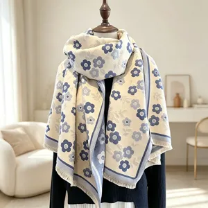Cozy cashmere-feel floral winter scarf with double-sided design, warm and stylish shawl.