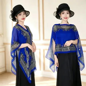 Elegant blue printed chiffon shawl for women summer sun protection beach wrap cape outfit